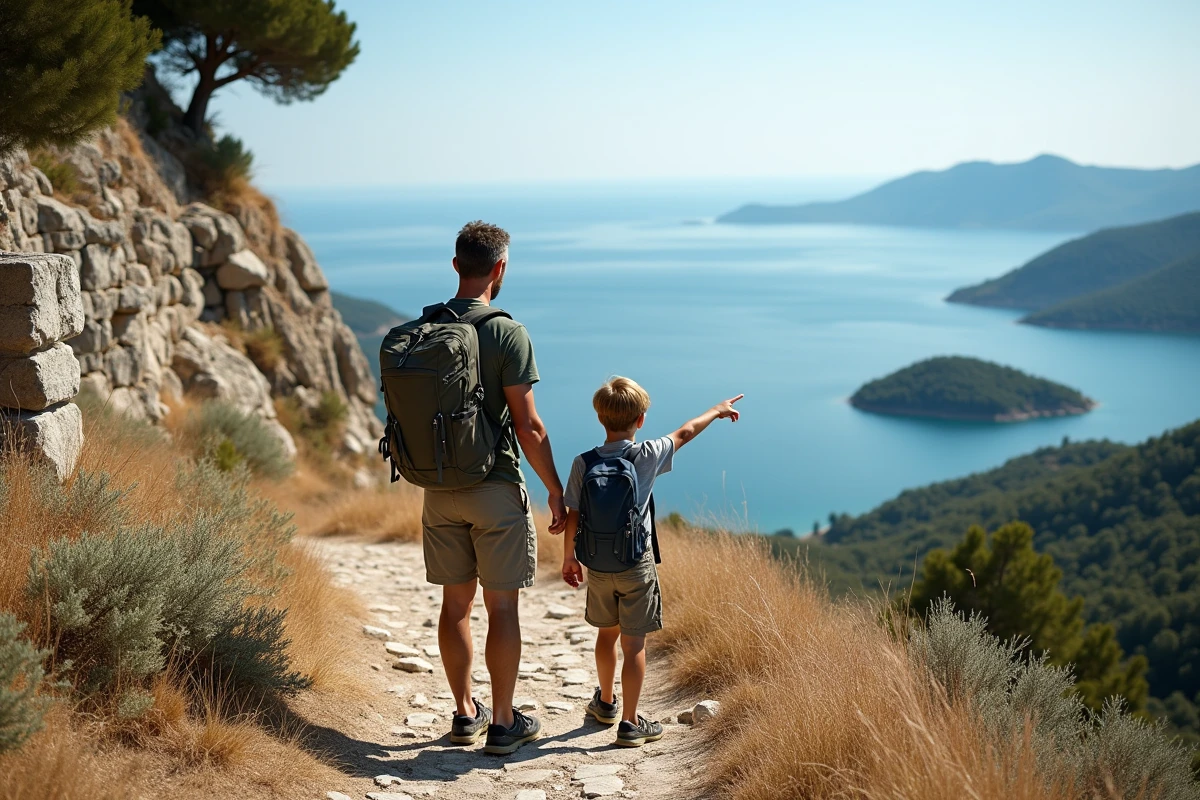 Père et fils en randonnée sur les hauteurs de Skopelos avec vue panoramique sur la mer Égée et les îles Sporades