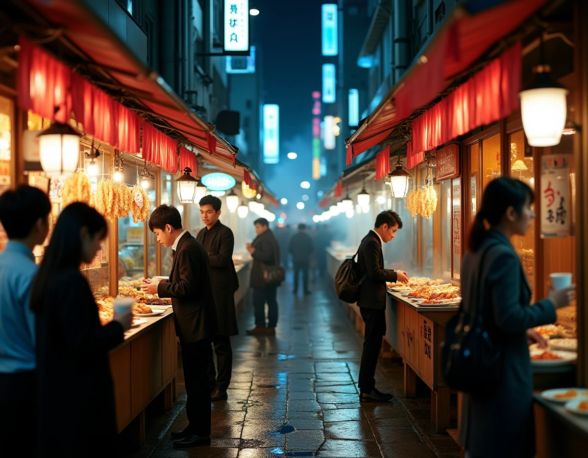 Ruelle yokocho animée de nuit à Tokyo avec étals de yakitori et takoyaki sous des enseignes lumineuses en japonais