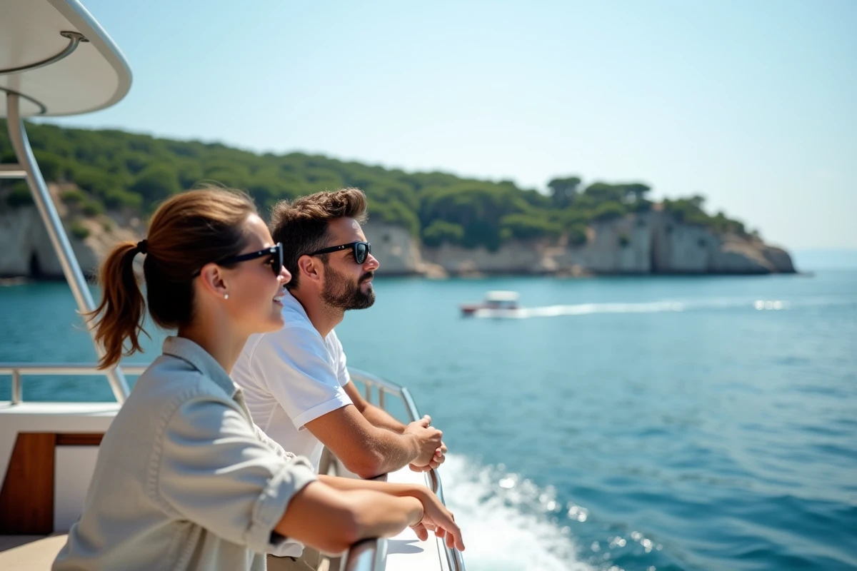 Couple à bord d'un catamaran en traversée vers l'île de Porquerolles avec vue sur la côte verdoyante
