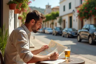 Voyageur consultant une carte routière en terrasse de café en Espagne avec une bière locale et des pièces euros sur la table