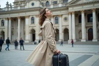 Voyageuse en transit devant l'Opéra de Vienne lors d'une courte escale en Autriche