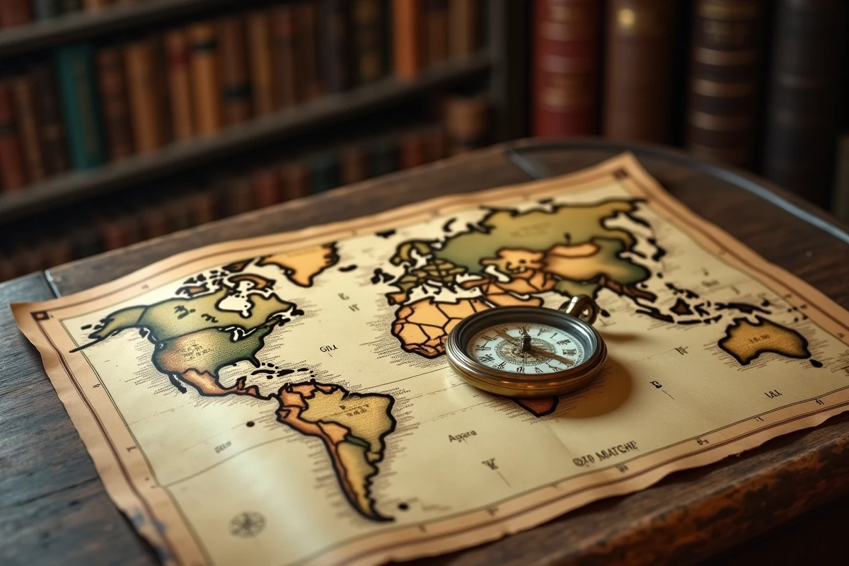 Carte ancienne des fuseaux horaires avec une boussole en laiton et une montre de gousset posées dessus