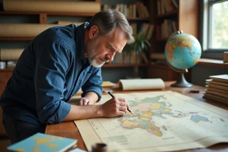 Cartographe étudiant une carte des fuseaux horaires mondiaux sur une table à dessin en bois