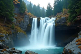 Grande cascade alpine en Haute-Savoie entourée de forêt de conifères, eau filée en pose longue sur rochers granitiques moussus