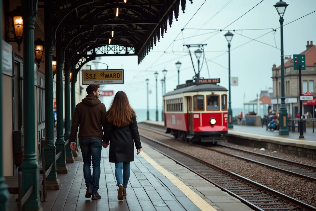 Couple se promenant sur le quai du tramway historique de Douglas avec un tramway vintage approchant sur la promenade