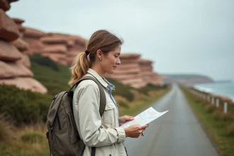 Femme avec sac à dos consultant une carte à un arrêt de bus près des rochers de granite rose en Bretagne