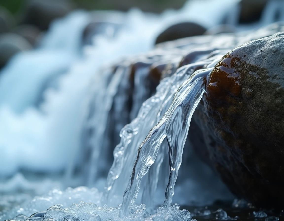 Gros plan sur l'eau en mouvement sur un rocher lisse en granit au pied d'une cascade de Haute-Savoie, texture et transparence de l'eau