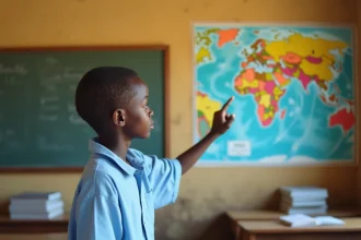 Élève sénégalais en uniforme scolaire qui montre le Sénégal sur une carte murale de l'Afrique dans une salle de classe