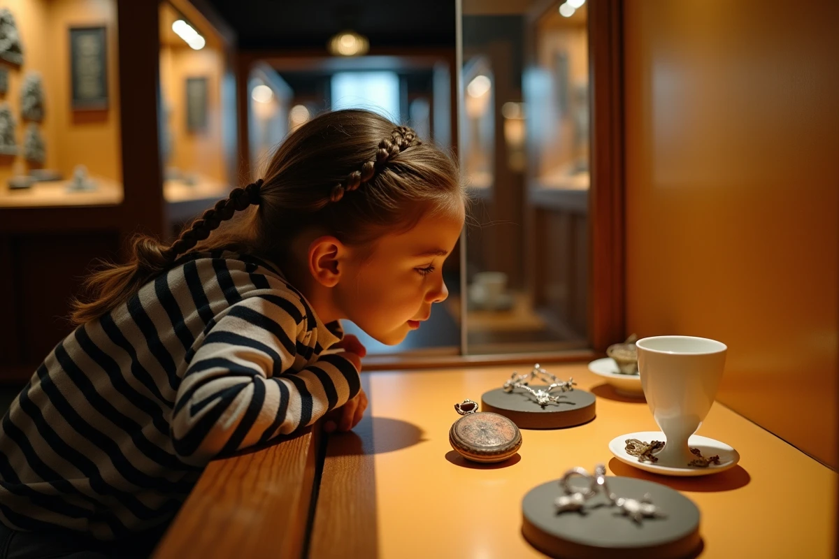 Petite fille observant les artefacts authentiques du Titanic dans une vitrine au musée de Lyon
