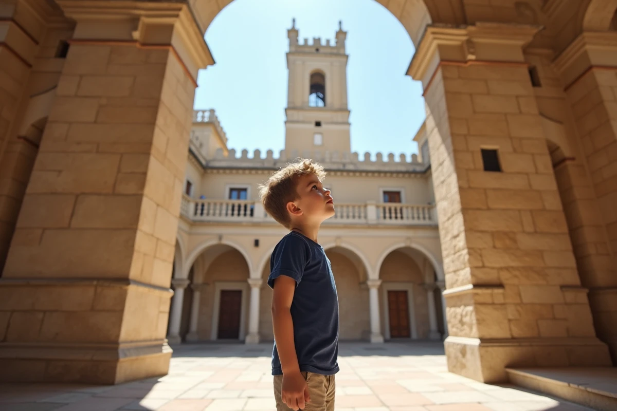Enfant découvrant la cour intérieure médiévale du Palais des Normands à Palerme