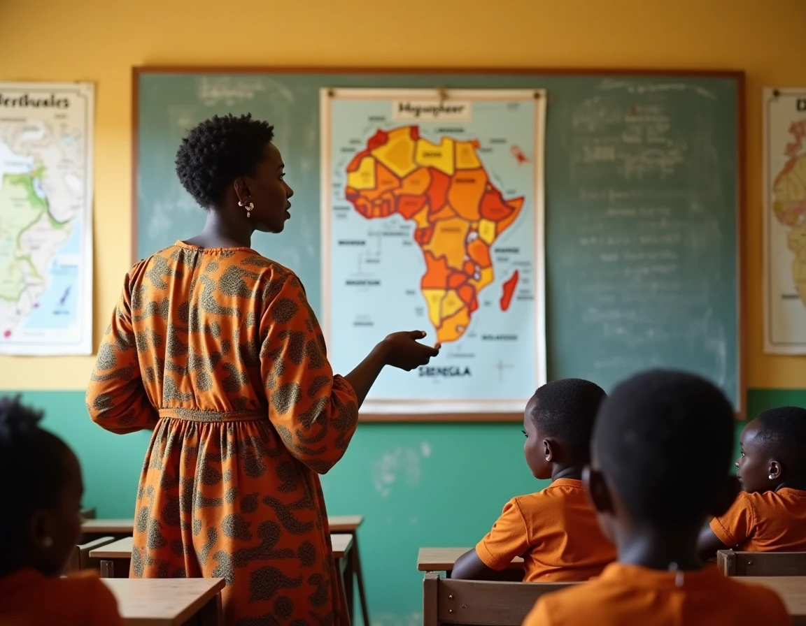 Enseignante sénégalaise présentant une carte de l'Afrique aux élèves avec les pays voisins du Sénégal annotés