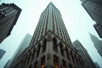 Vue en contre-plongée de la façade néo-gothique du Woolworth Building à New York, avec ses gargouilles en terre cuite et ses arches ornementées