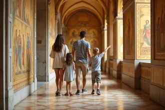 Famille avec enfants admirant les mosaïques byzantines dorées du Palais des Normands à Palerme
