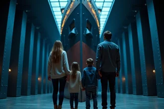 Famille avec enfants découvrant la réplique de la coque du Titanic au musée de Lyon