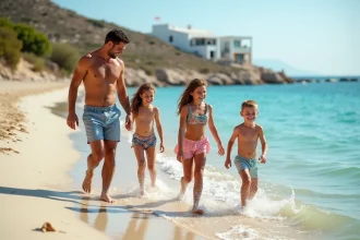 Famille avec enfants jouant dans les eaux peu profondes d'une plage calme près d'Héraklion en Crète