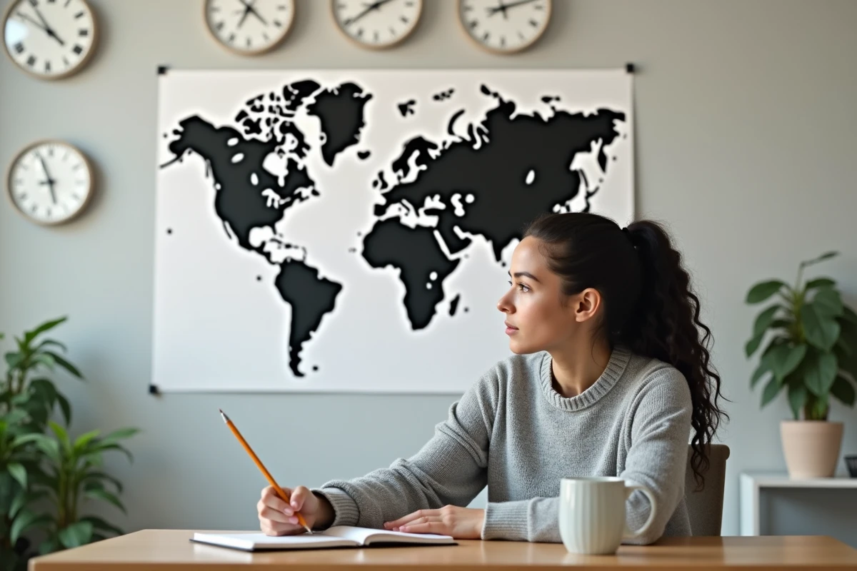 Femme consultant une carte des fuseaux horaires avec des horloges analogiques affichant différentes heures
