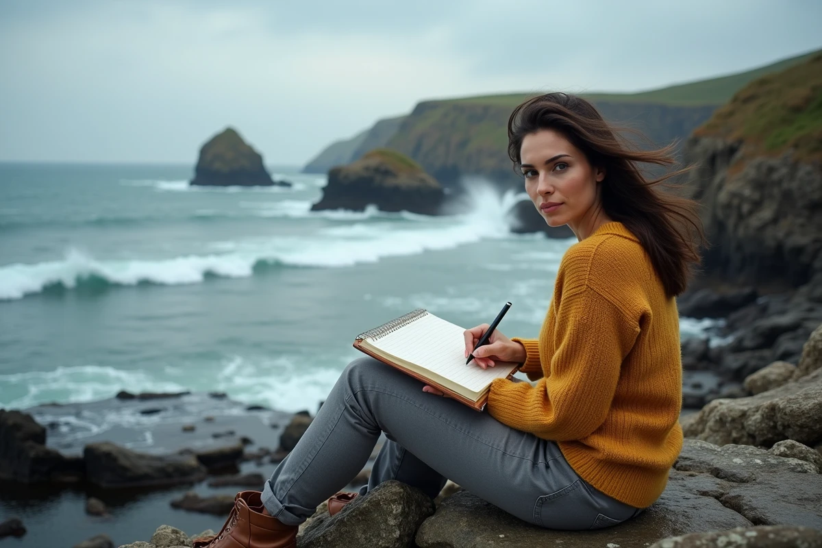 Femme assise sur un rocher granitique au bout d'une pointe bretonne face à la mer agitée, ambiance contemplative côtière