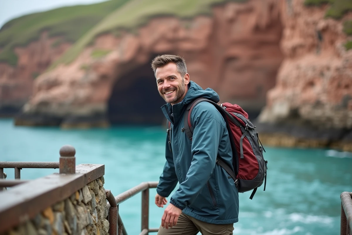 Homme descendant d'un ferry sur l'île de Bréhat avec les falaises de granite rose et la mer en arrière-plan