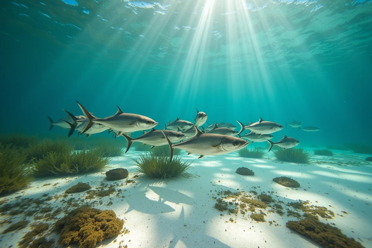 Banc de poissons argentés au-dessus des herbiers de posidonie dans le lagon transparent d'une plage corse