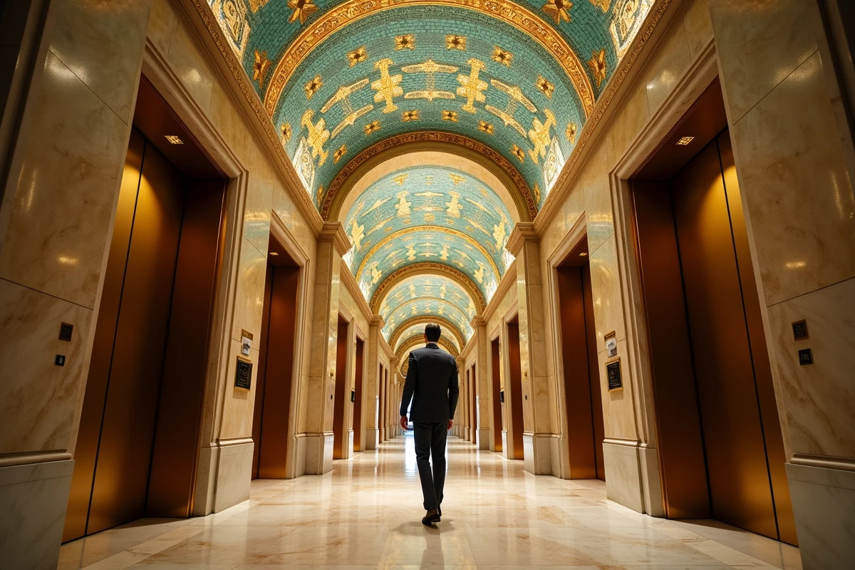 Intérieur du hall du Woolworth Building avec ses mosaïques byzantines, ses murs en marbre et ses portes d'ascenseur en bronze