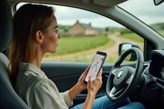 Femme consultant un itinéraire Mappy sur smartphone lors d'un road trip en France