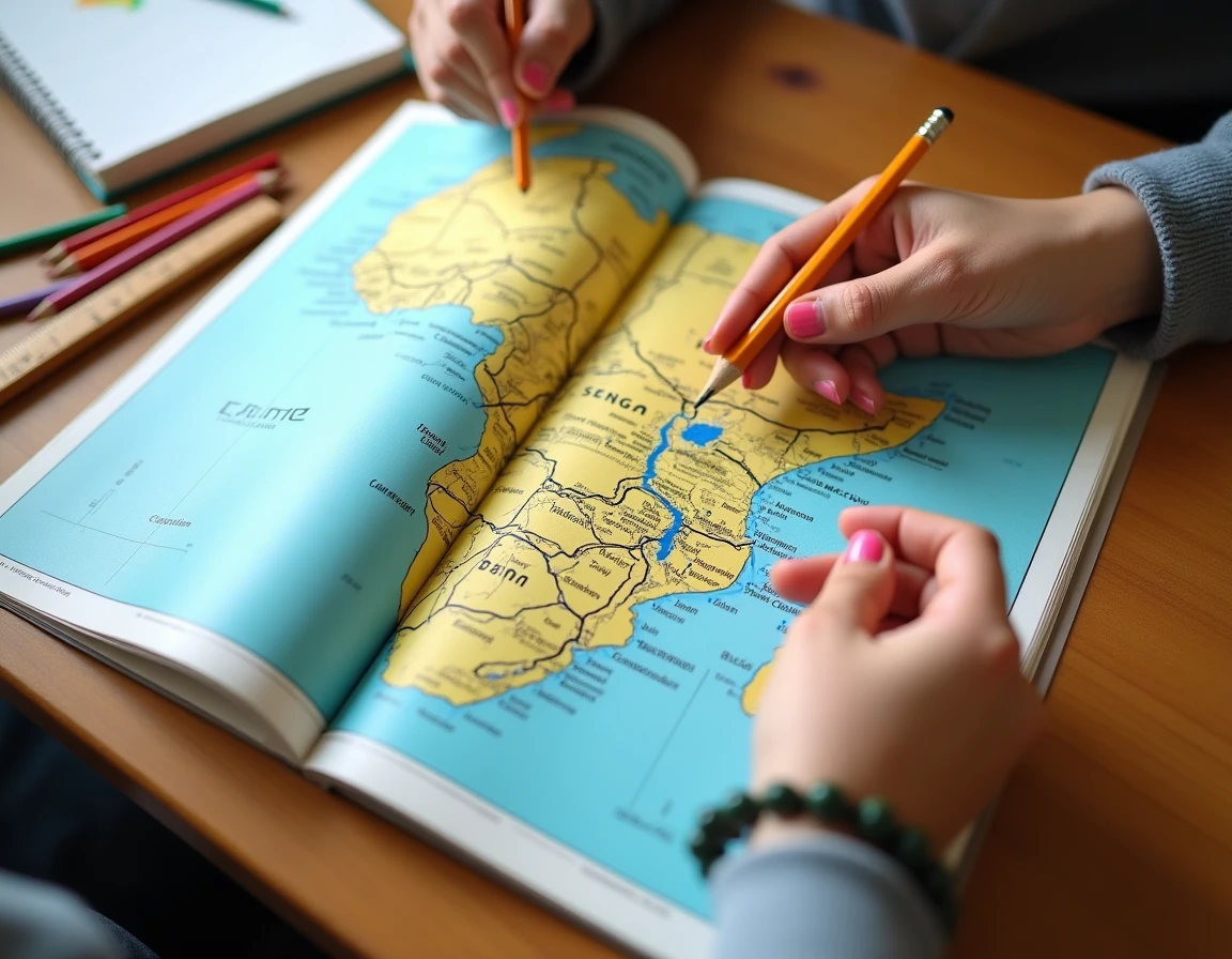 Carte de l'Afrique de l'Ouest dans un manuel scolaire montrant le Sénégal, ses pays voisins et ses fleuves avec des notes manuscrites