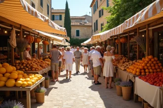 Marché provençal animé dans un village du Vaucluse avec étals de légumes, lavande et fromages artisanaux