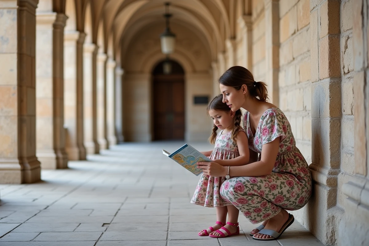 Mère et fille consultant un guide illustré dans un couloir voûté du Palais des Normands à Palerme