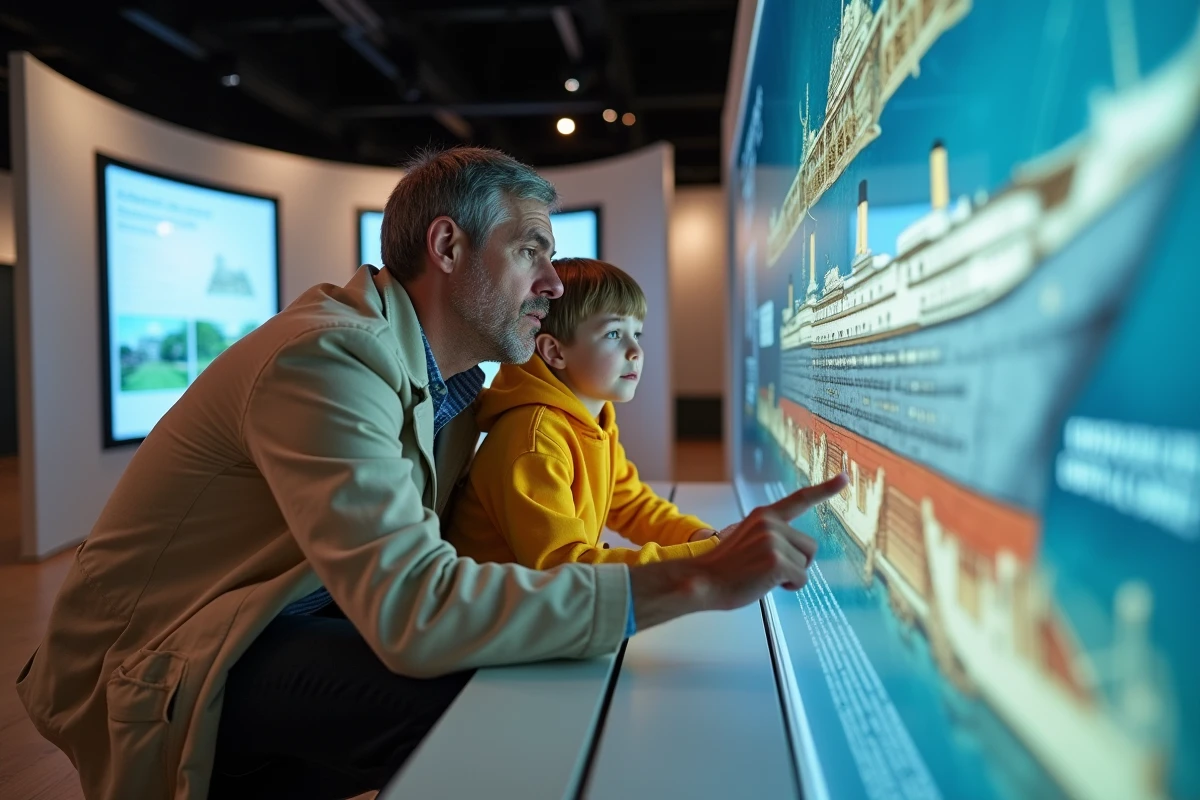 Père et fils interagissant avec un panneau interactif sur les ponts du Titanic au musée de Lyon