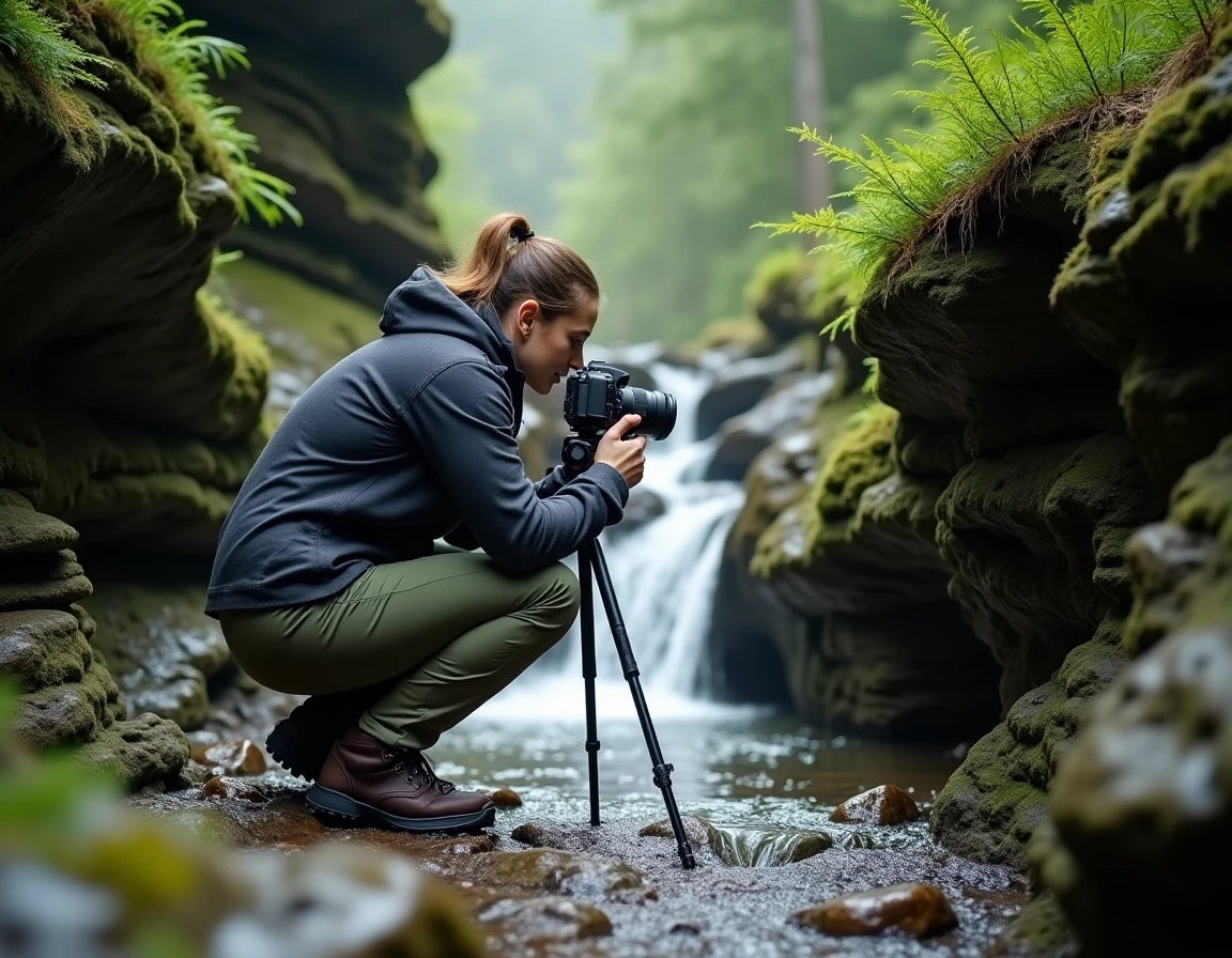 Photographe professionnelle en train de cadrer une petite cascade dans une gorge rocheuse en Haute-Savoie, appareil photo sur trépied