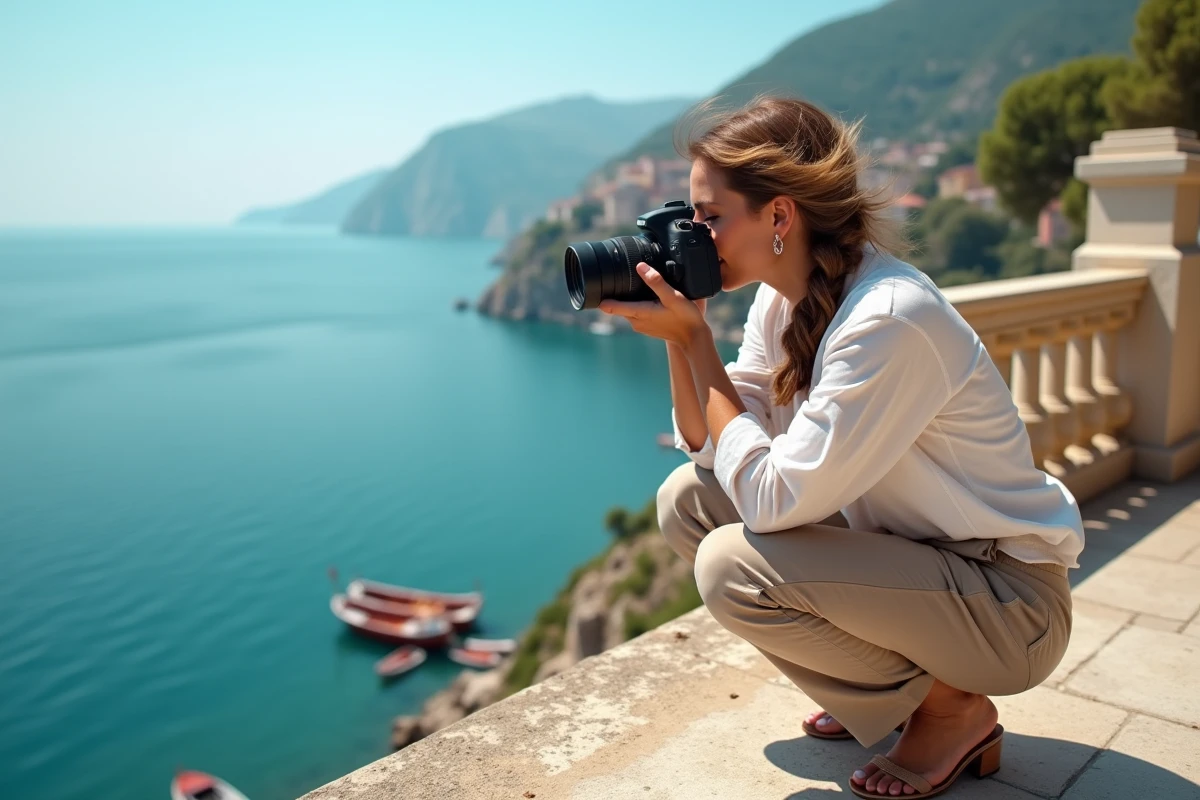 Photographe femme capturant la baie de Naples depuis la terrasse de Posillipo