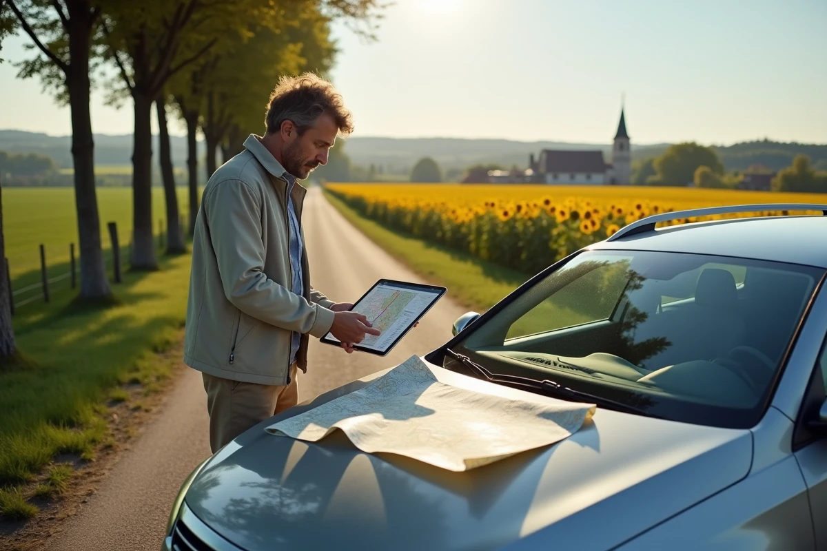 Homme planifiant un road trip en France avec carte routière et application Mappy sur tablette