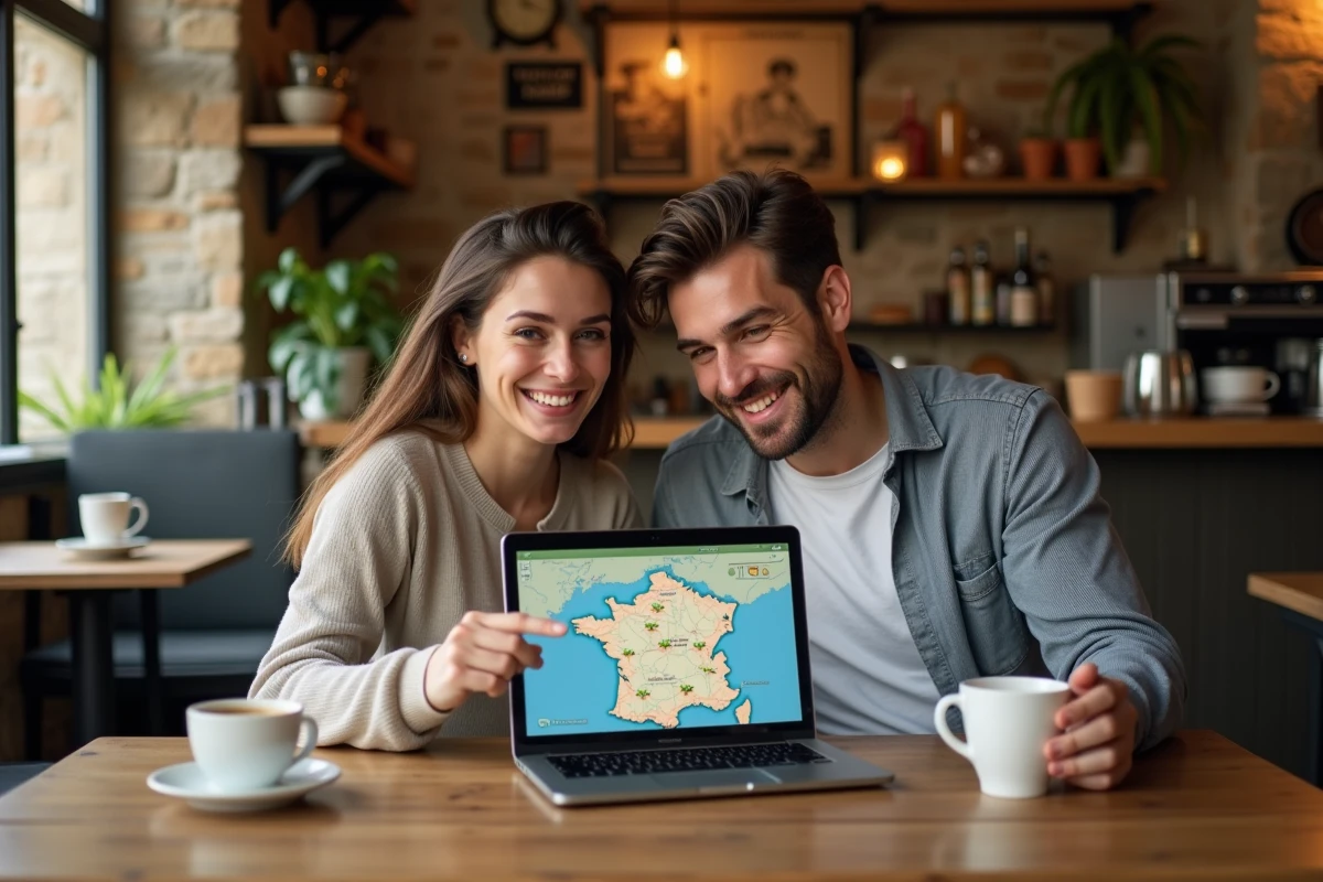 Couple préparant leur itinéraire de road trip en France sur Mappy dans un café traditionnel
