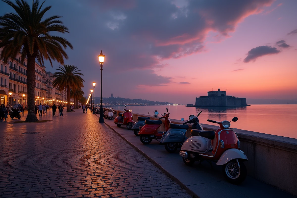 Promenade de Mergellina à Naples au crépuscule avec le Castel dell'Ovo en silhouette