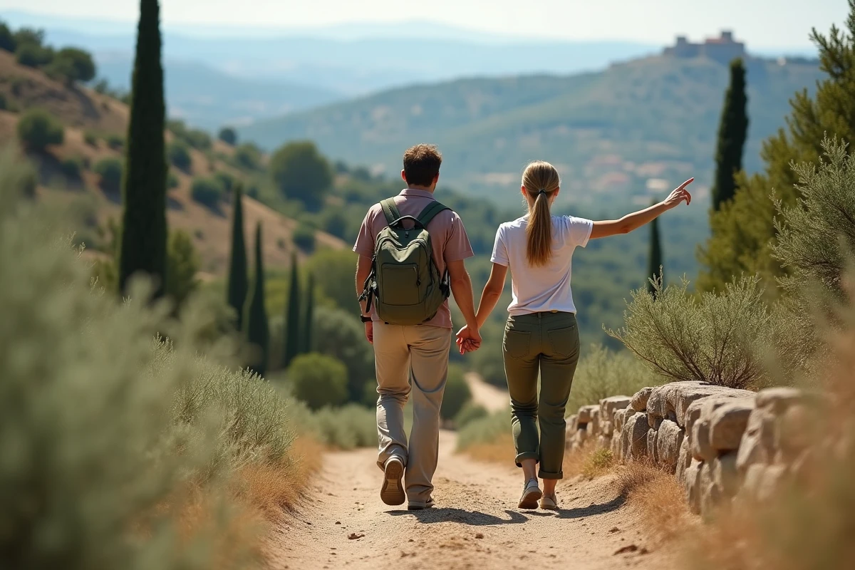 Couple en randonnée sur un sentier du Luberon avec vue sur les villages perchés du Vaucluse