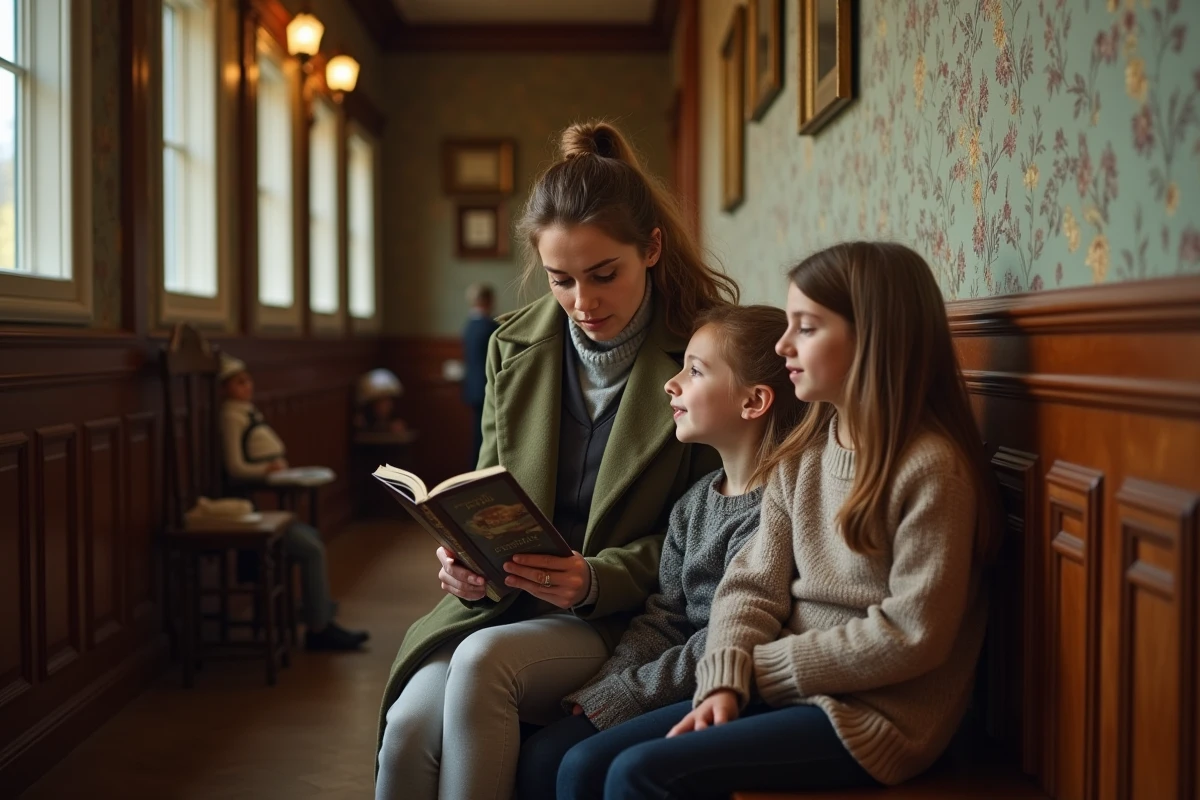 Mère lisant un guide à ses enfants dans la reconstitution d'une cabine du Titanic au musée de Lyon