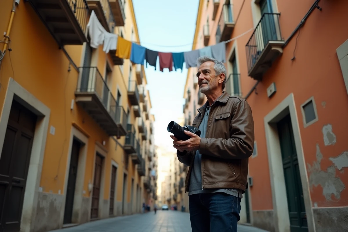 Ruelle pittoresque des Quartieri Spagnoli à Naples avec photographe de rue et linge aux fenêtres