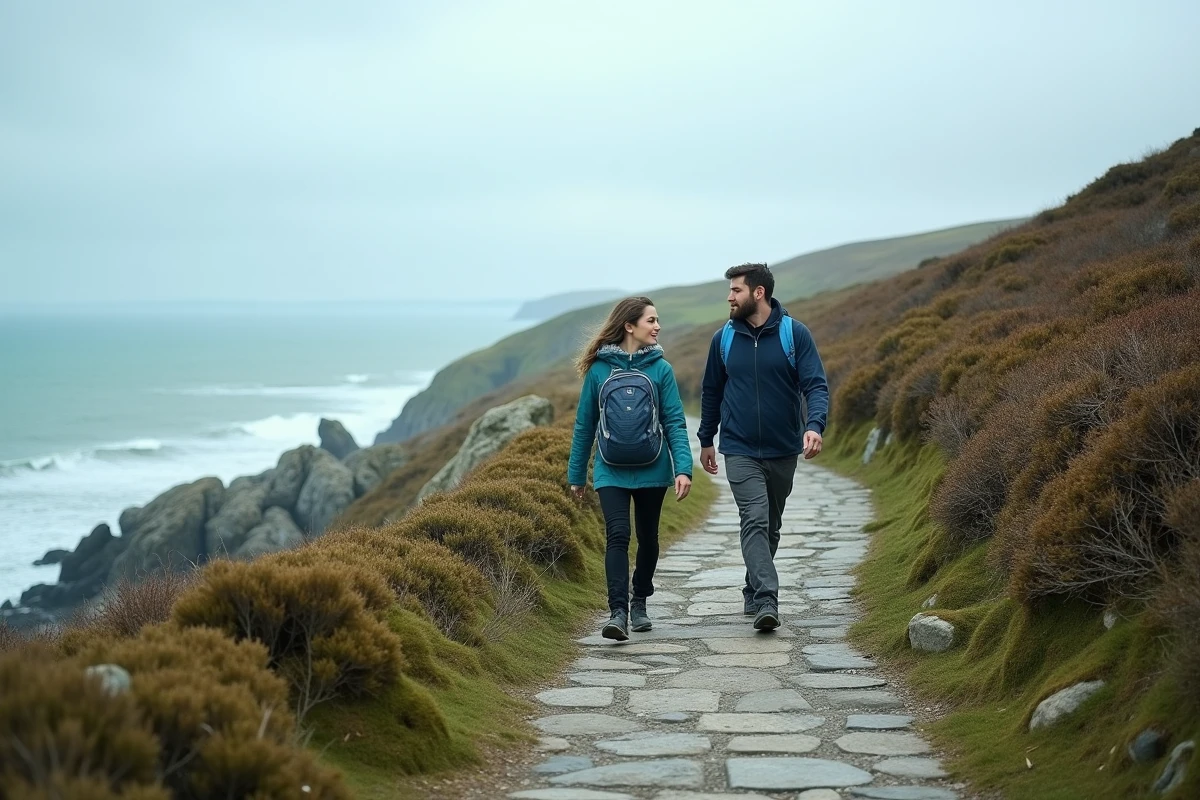 Couple de randonneurs sur un sentier côtier breton en pierres mousseuses longeant une pointe avec vue sur la mer