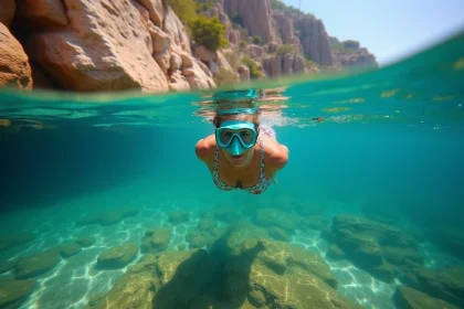 Femme en train de faire du snorkeling dans une crique corse aux eaux cristallines et fonds marins préservés