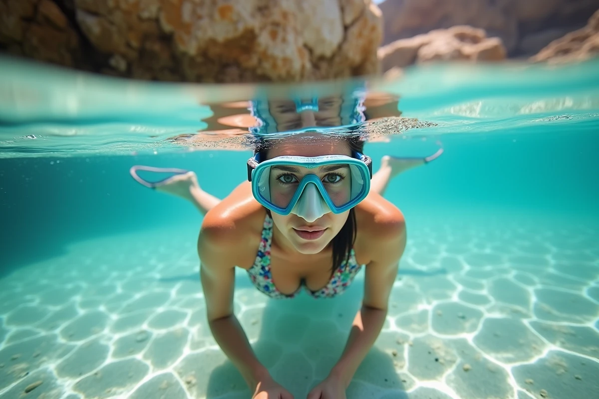 Femme en train de faire du snorkelling dans les eaux transparentes de la Méditerranée près de Nice