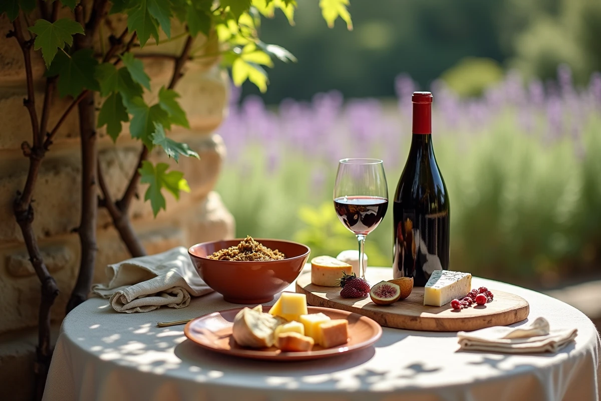 Table provençale en terrasse avec vins du Ventoux, tapenade et fromages de chèvre locaux dans le Vaucluse