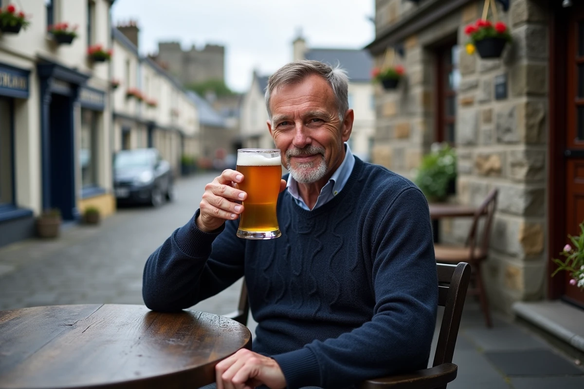 Touriste savourant une bière locale devant un pub en pierre traditionnelle à Peel avec le château en arrière-plan