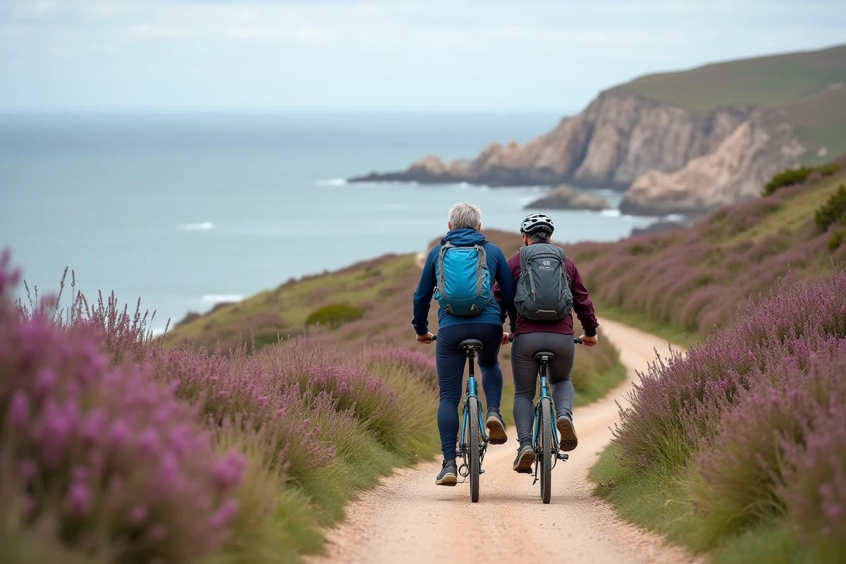 Couple faisant du vélo sur une piste cyclable côtière avec des rochers de granite rose et la mer en arrière-plan