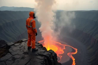 Volcanologue au bord du cratère du Nyiragongo surplombant le lac de lave en fusion