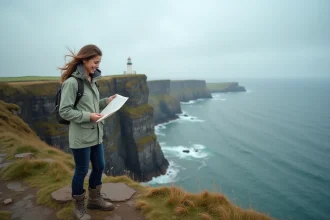 Voyageuse consultant une carte sur les falaises côtières de l'île de Man avec vue sur la mer d'Irlande