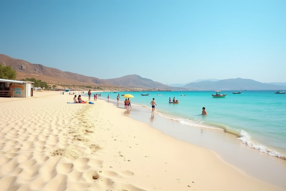 Vue panoramique d'une plage familiale calme avec eaux turquoise peu profondes près d'Héraklion en Crète