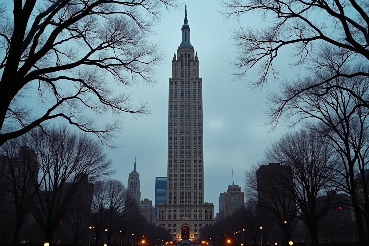 Vue panoramique du Woolworth Building depuis City Hall Park avec la skyline de Lower Manhattan en arrière-plan