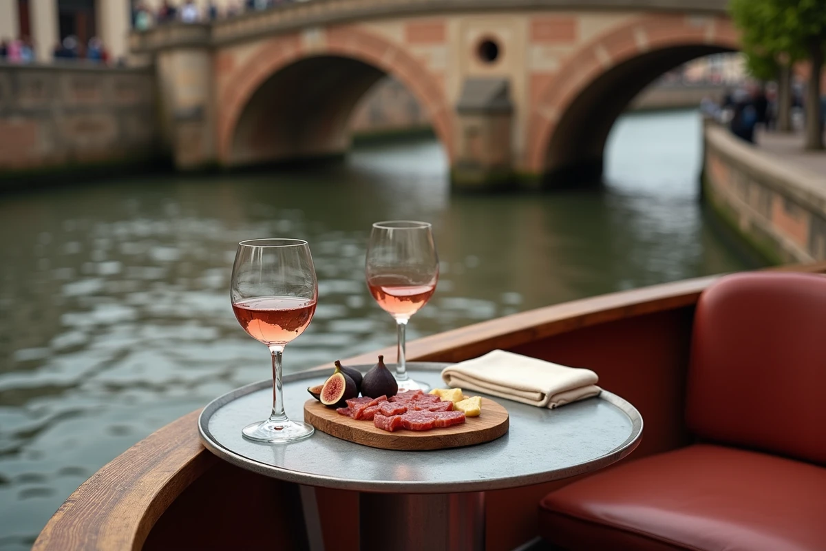 Table d'apéritif romantique sur la poupe d'une péniche à Toulouse avec verres de rosé et planche de charcuterie, le pont Saint-Pierre en arrière-plan flou