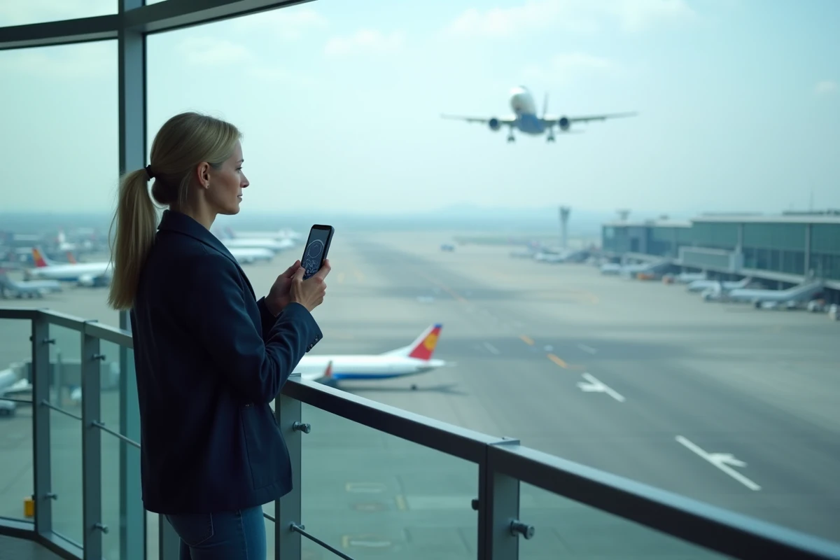 Femme utilisant une application radar de vol en direct sur smartphone depuis une terrasse d'aéroport