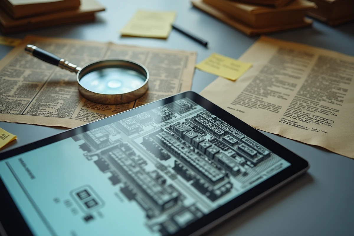 Bureau de recherche avec archives historiques, photographies aériennes et outils SIG pour localiser des villes abandonnées